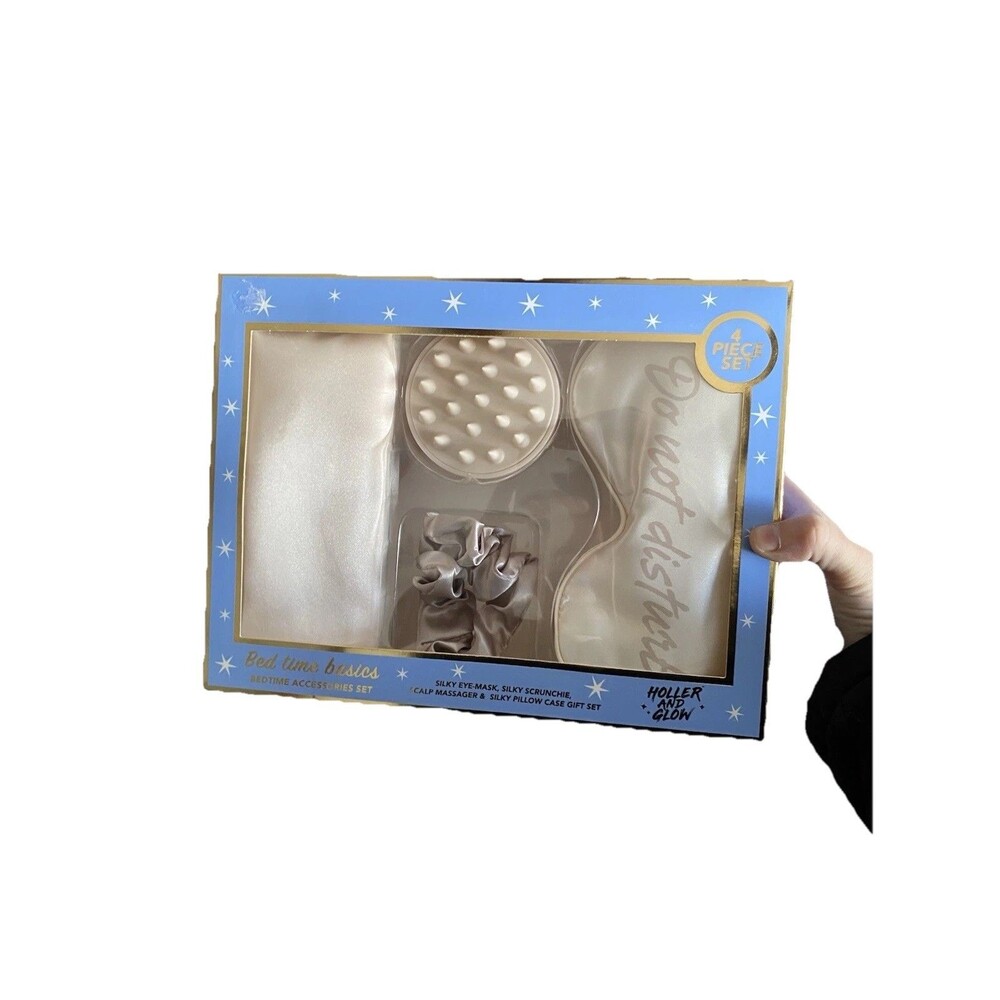 Holler and Glow Bedtime Basics 4 Piece Set Satin Eye Mask Pillowcase Massager